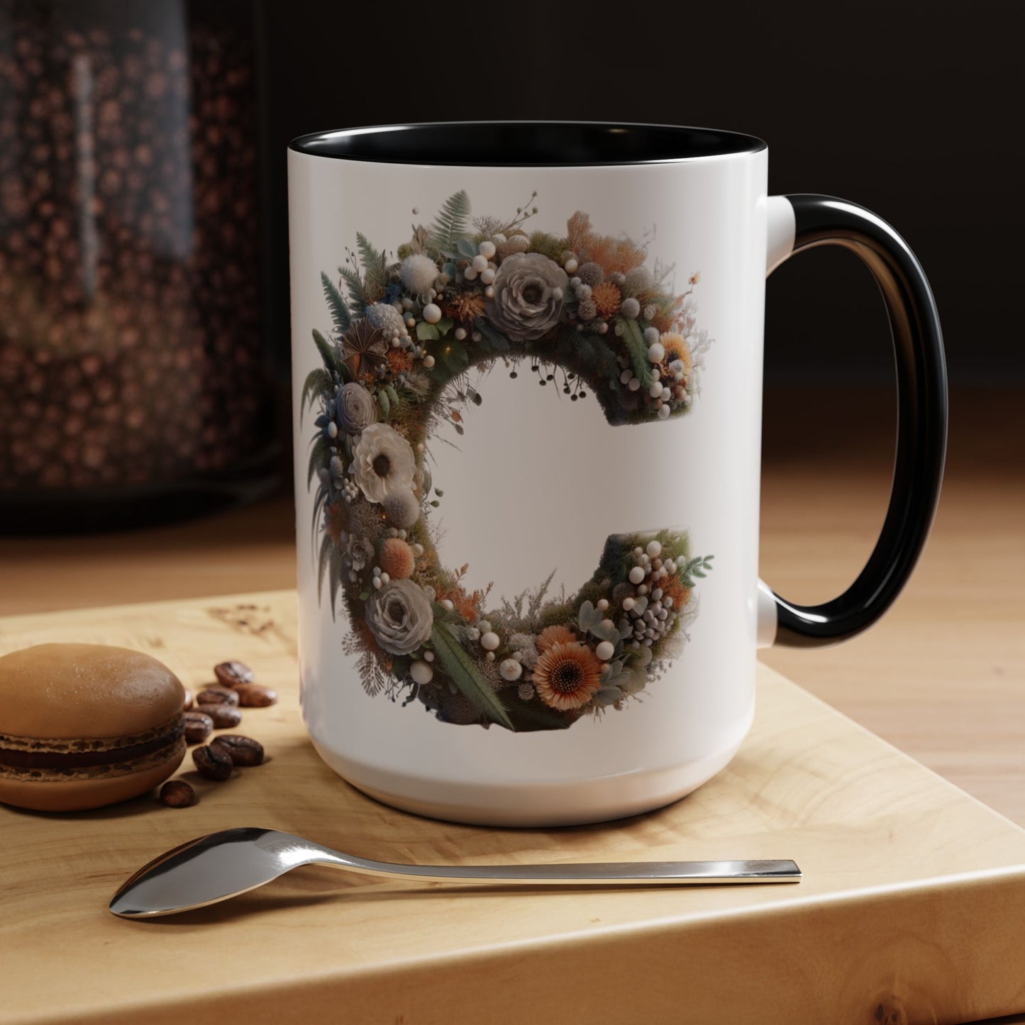 Floral Letter 'C' Accent Coffee Mug — Monogram Initial Ceramic Mug