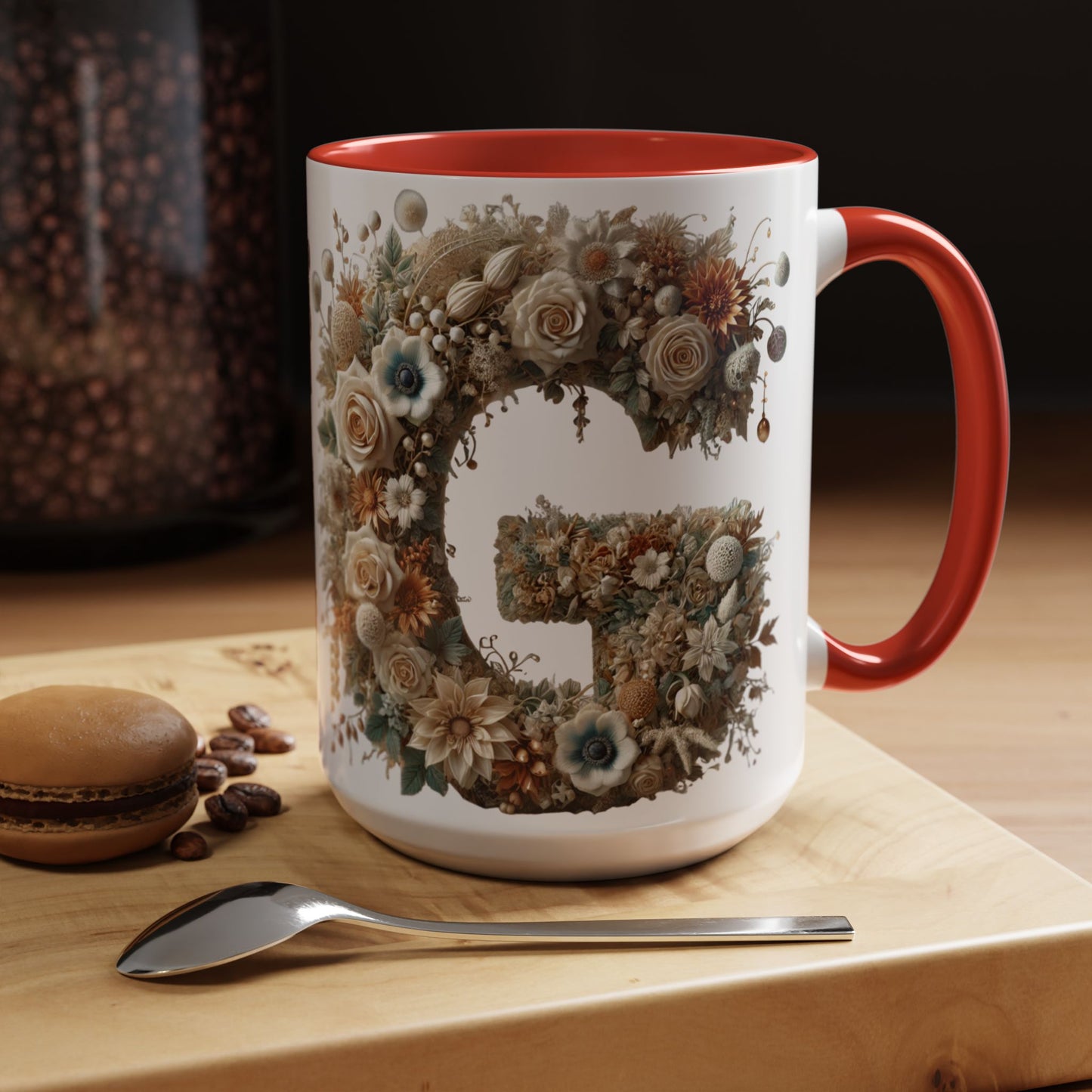 Floral Monogram 'G' Accent Coffee Mug — Botanical Initial Gift 15oz