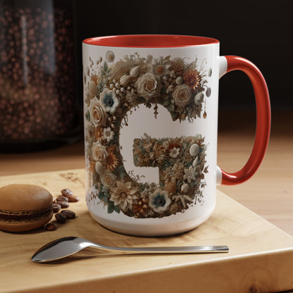 Floral Monogram 'G' Accent Coffee Mug — Botanical Initial Gift 15oz