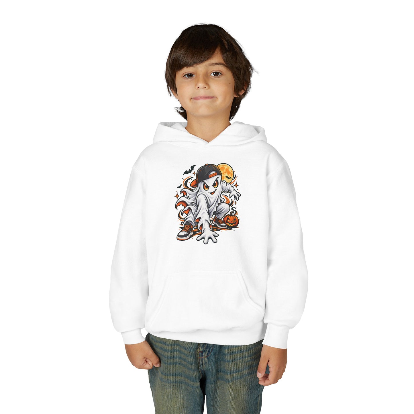 Youth Hoodie — Playful Ghost & Pumpkin Halloween Pullover