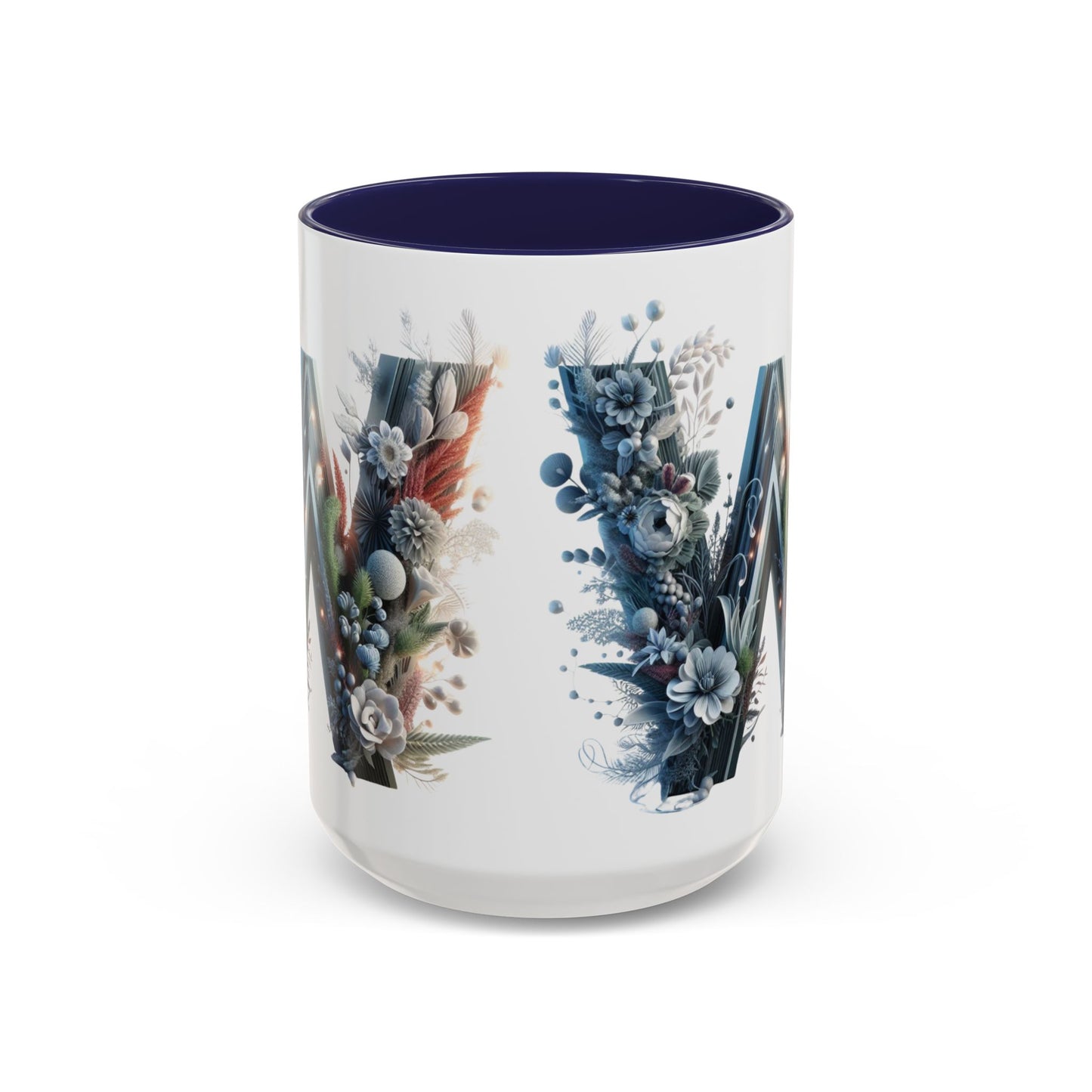 Floral Monogram Letter 'W' Accent Coffee Mug — Decorative Initial Monogram Mug 15oz