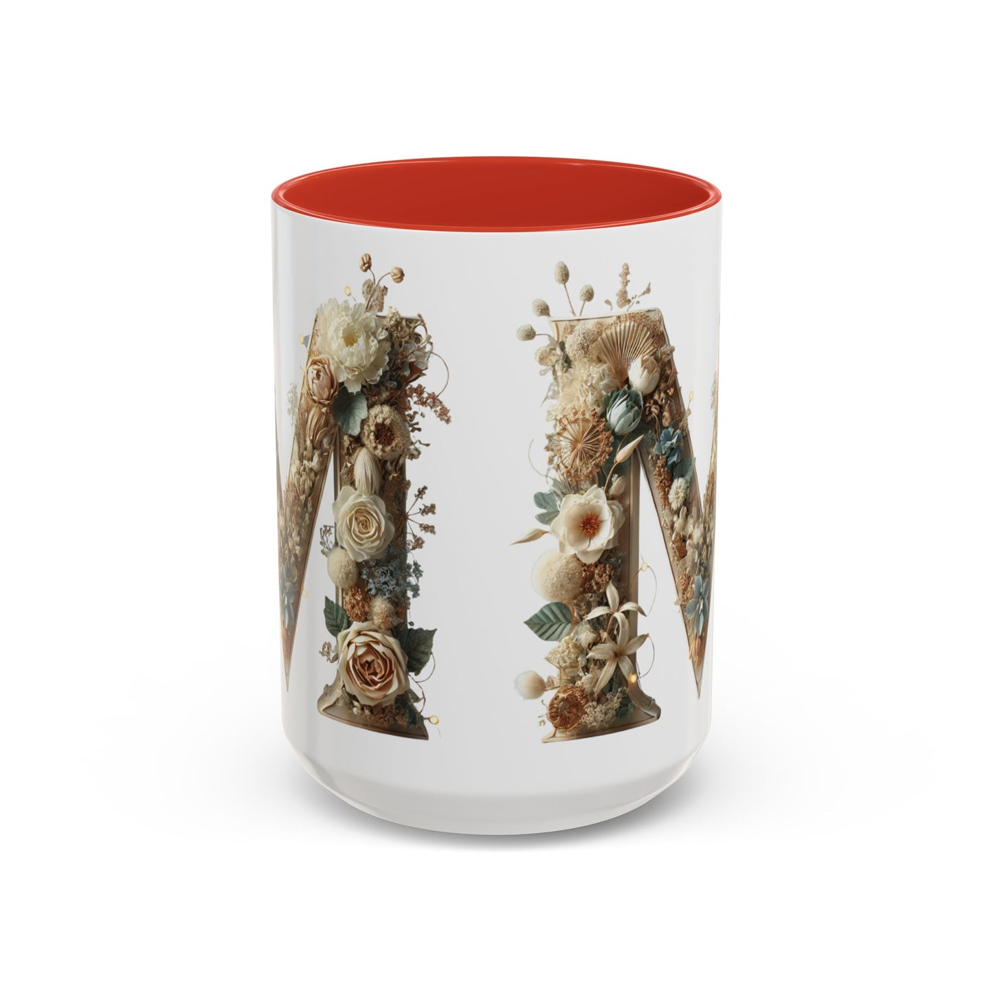 Floral Monogram 'M' Accent Coffee Mug — Rustic Botanical Initial Gift 15oz