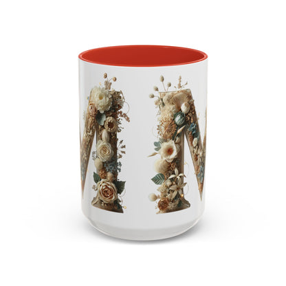 Floral Monogram 'M' Accent Coffee Mug — Rustic Botanical Initial Gift 15oz