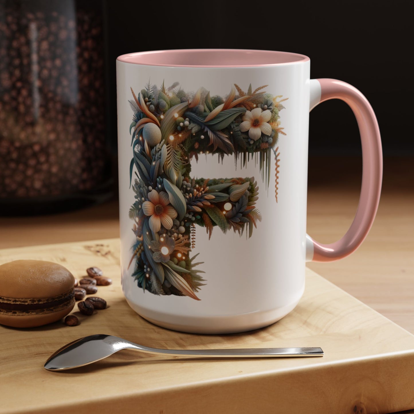 Floral Letter 'F' Accent Coffee Mug — Botanical Monogram 15oz