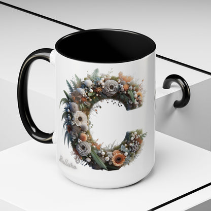 Floral Letter 'C' Accent Coffee Mug — Monogram Initial Ceramic Mug