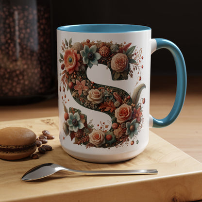 Floral Monogram 'S' Accent Coffee Mug – Vintage Rose Initial Mug 15oz