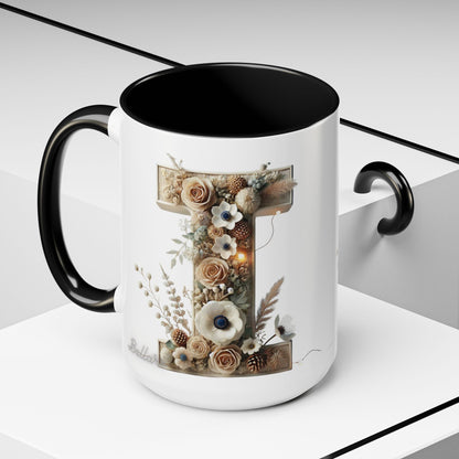 Artistic Letter 'I' Accent Coffee Mug — Rustic Monogram Initial Gift 15oz