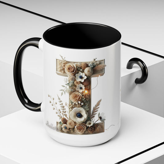 Artistic Letter 'I' Accent Coffee Mug — Rustic Monogram Initial Gift 15oz
