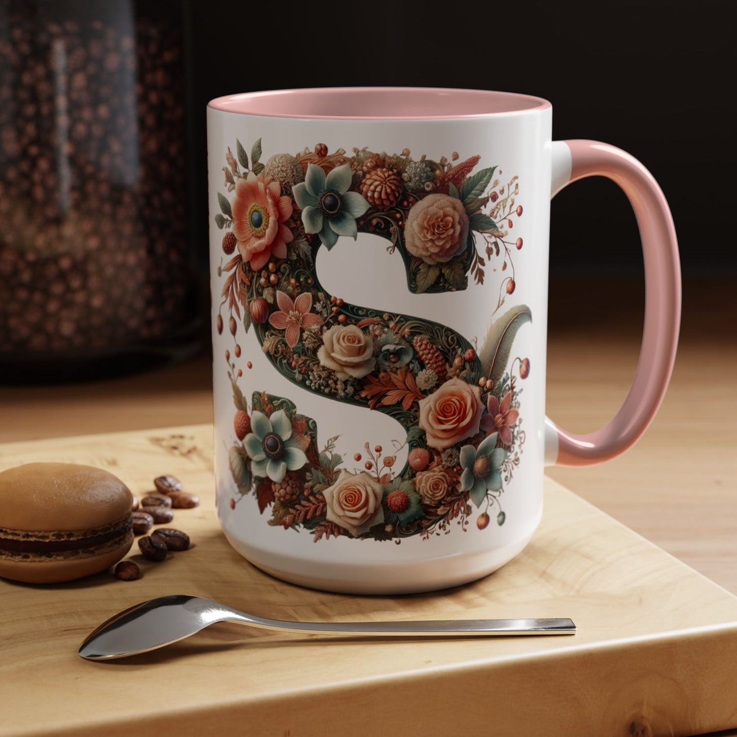 Floral Monogram 'S' Accent Coffee Mug – Vintage Rose Initial Mug 15oz