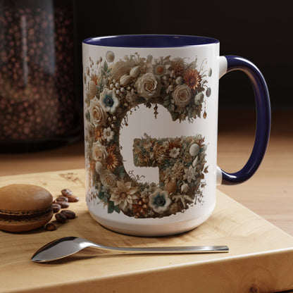 Floral Monogram 'G' Accent Coffee Mug — Botanical Initial Gift 15oz