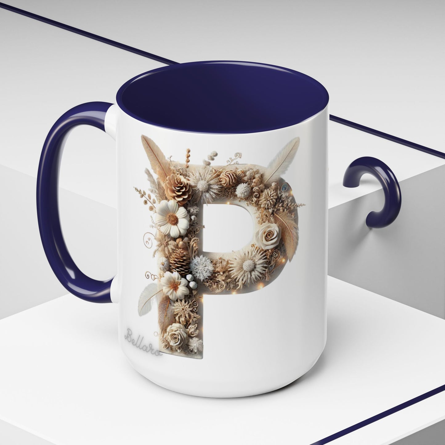 Earthy Letter 'P' Accent Coffee Mug — Botanical Initial Mug 15oz