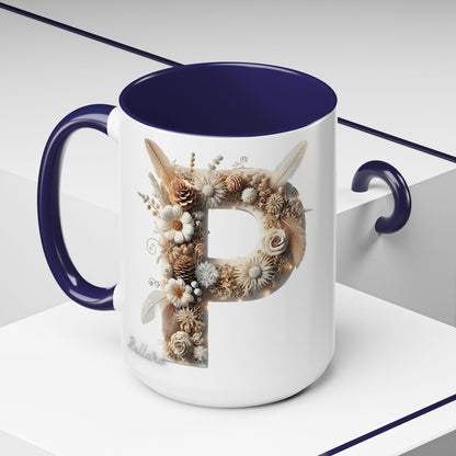 Earthy Letter 'P' Accent Coffee Mug — Botanical Initial Mug 15oz