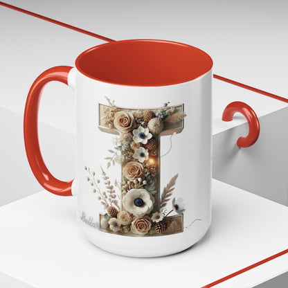 Artistic Letter 'I' Accent Coffee Mug — Rustic Monogram Initial Gift 15oz