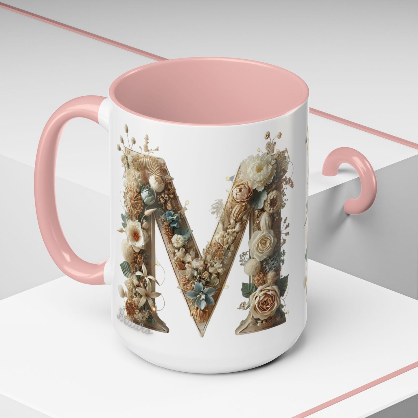 Floral Monogram 'M' Accent Coffee Mug — Rustic Botanical Initial Gift 15oz