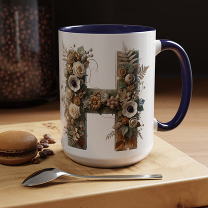 Floral Letter 'H' Accent Coffee Mug — Botanical Monogram Ceramic Mug