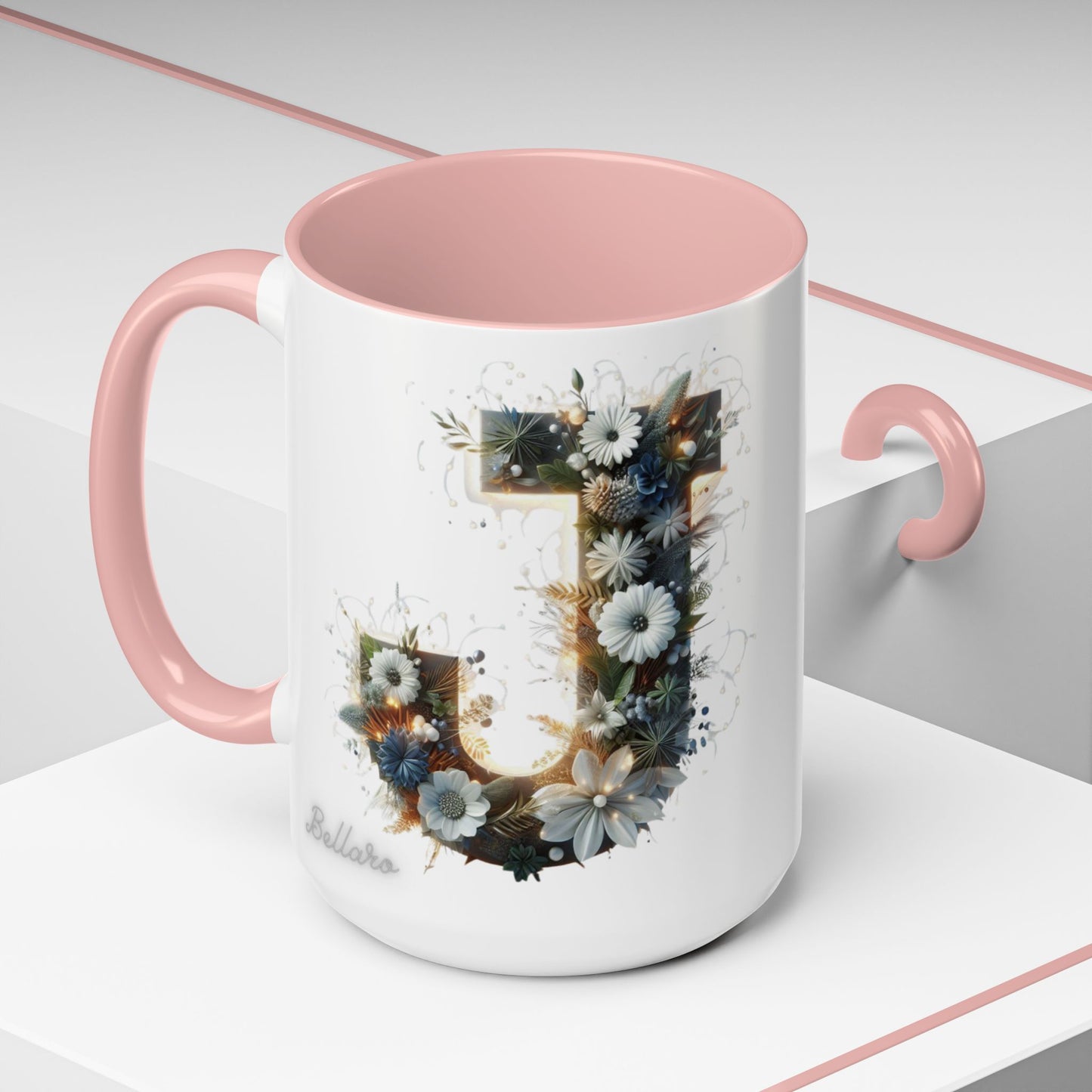 Floral Monogram Coffee Mug — Letter 'J' Accent Mug 15 oz