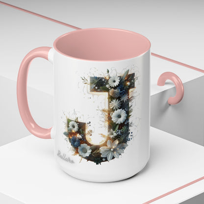 Floral Monogram Coffee Mug — Letter 'J' Accent Mug 15 oz