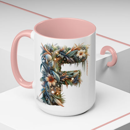 Floral Letter 'F' Accent Coffee Mug — Botanical Monogram 15oz