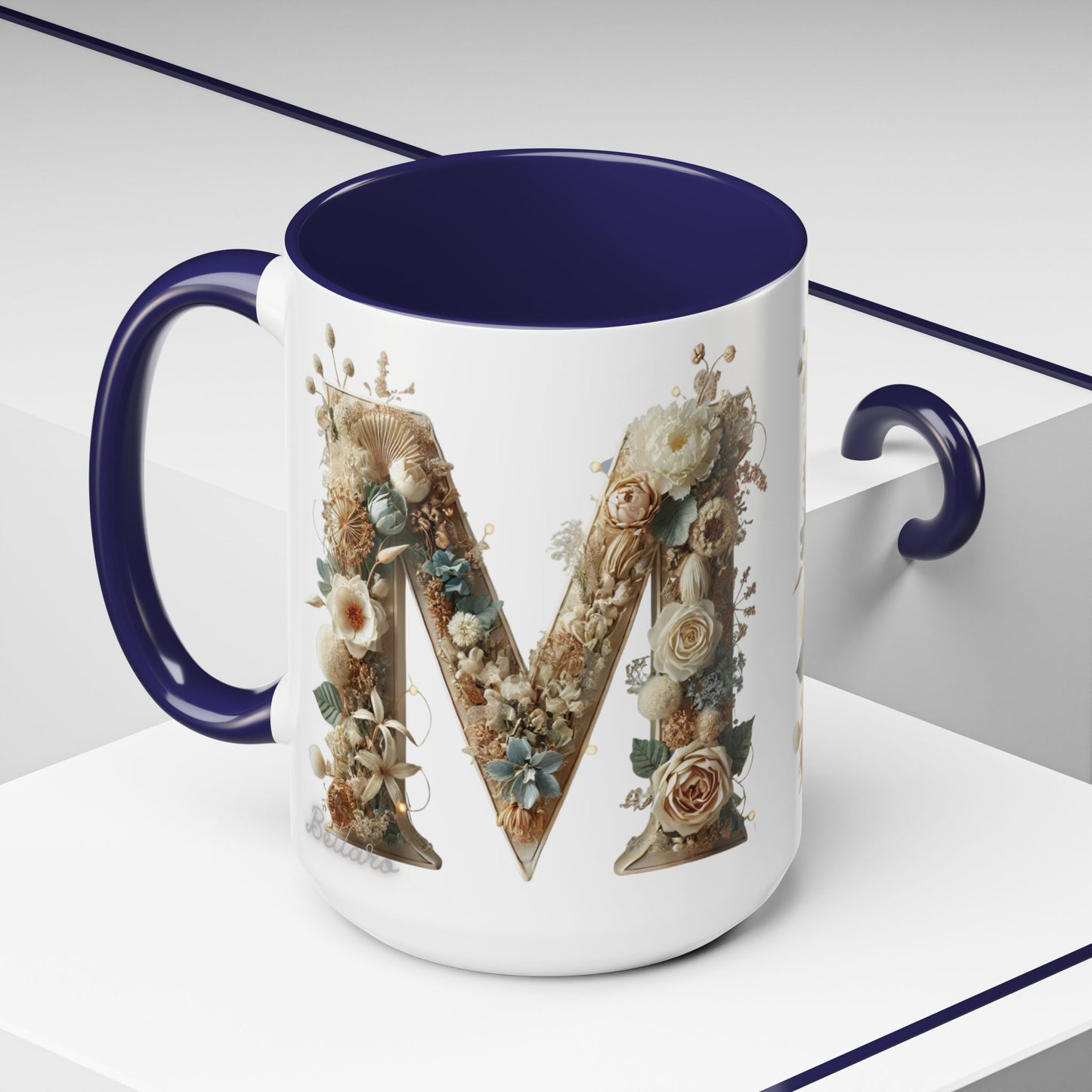 Floral Monogram 'M' Accent Coffee Mug — Rustic Botanical Initial Gift 15oz