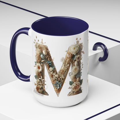 Floral Monogram 'M' Accent Coffee Mug — Rustic Botanical Initial Gift 15oz