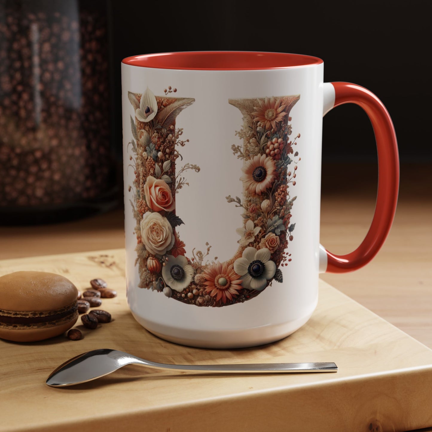 Floral Monogram 'U' Accent Coffee Mug – Floral Letter U Ceramic Mug 15oz