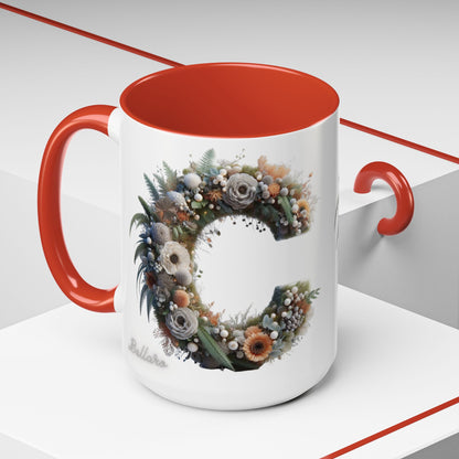Floral Letter 'C' Accent Coffee Mug — Monogram Initial Ceramic Mug