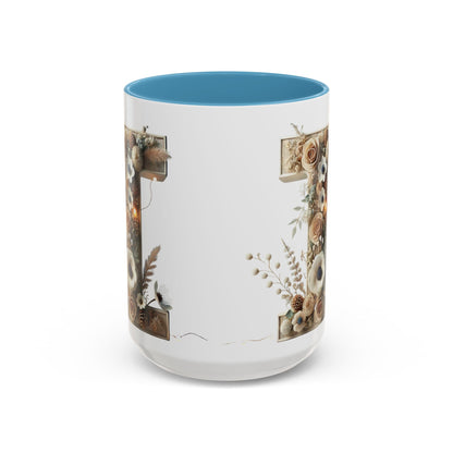 Artistic Letter 'I' Accent Coffee Mug — Rustic Monogram Initial Gift 15oz