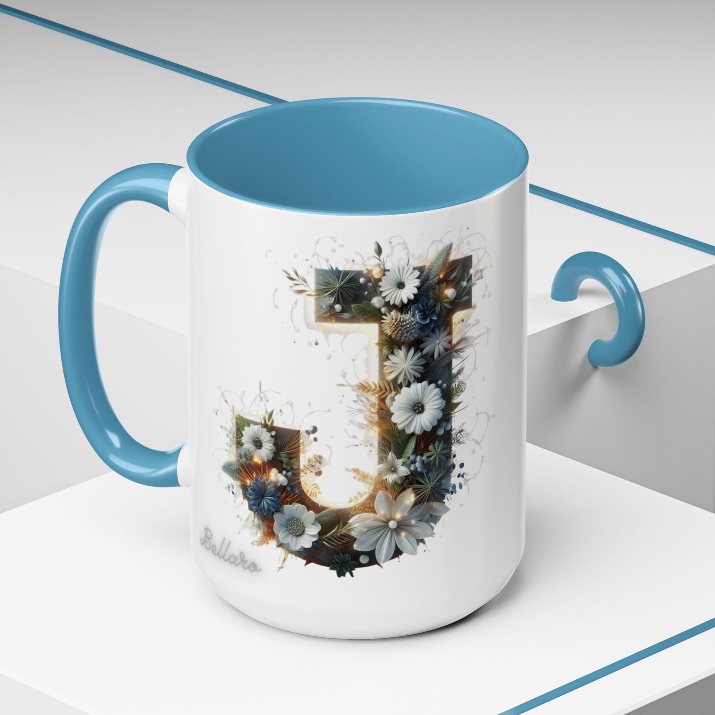 Floral Monogram Coffee Mug — Letter 'J' Accent Mug 15 oz