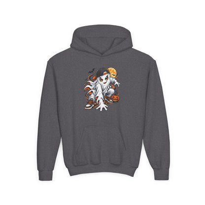 Youth Hoodie — Playful Ghost & Pumpkin Halloween Pullover
