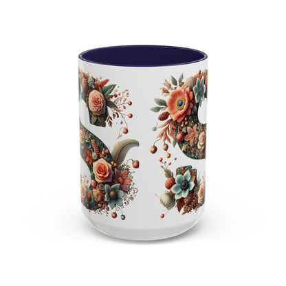 Floral Monogram 'S' Accent Coffee Mug – Vintage Rose Initial Mug 15oz
