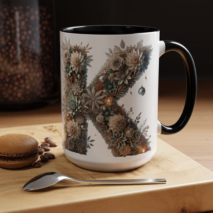 Floral Letter 'K' Accent Coffee Mug — Elegant Botanical Monogram Gift 15oz