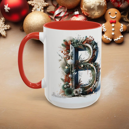 Monogram 'B' Accent Coffee Mug – Floral Holiday Initial 15oz