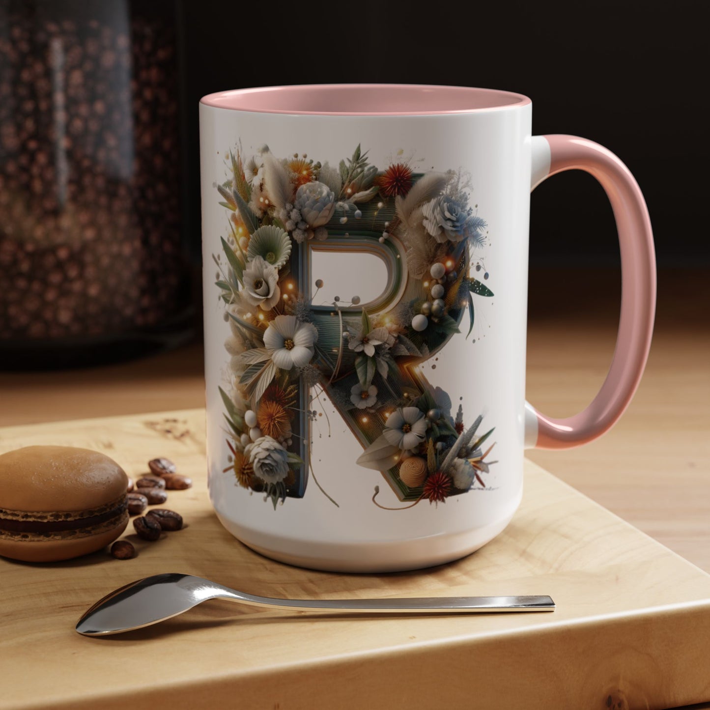 Personalized Monogram 'R' Artistic Floral Accent Coffee Mug 15oz
