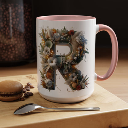 Personalized Monogram 'R' Artistic Floral Accent Coffee Mug 15oz