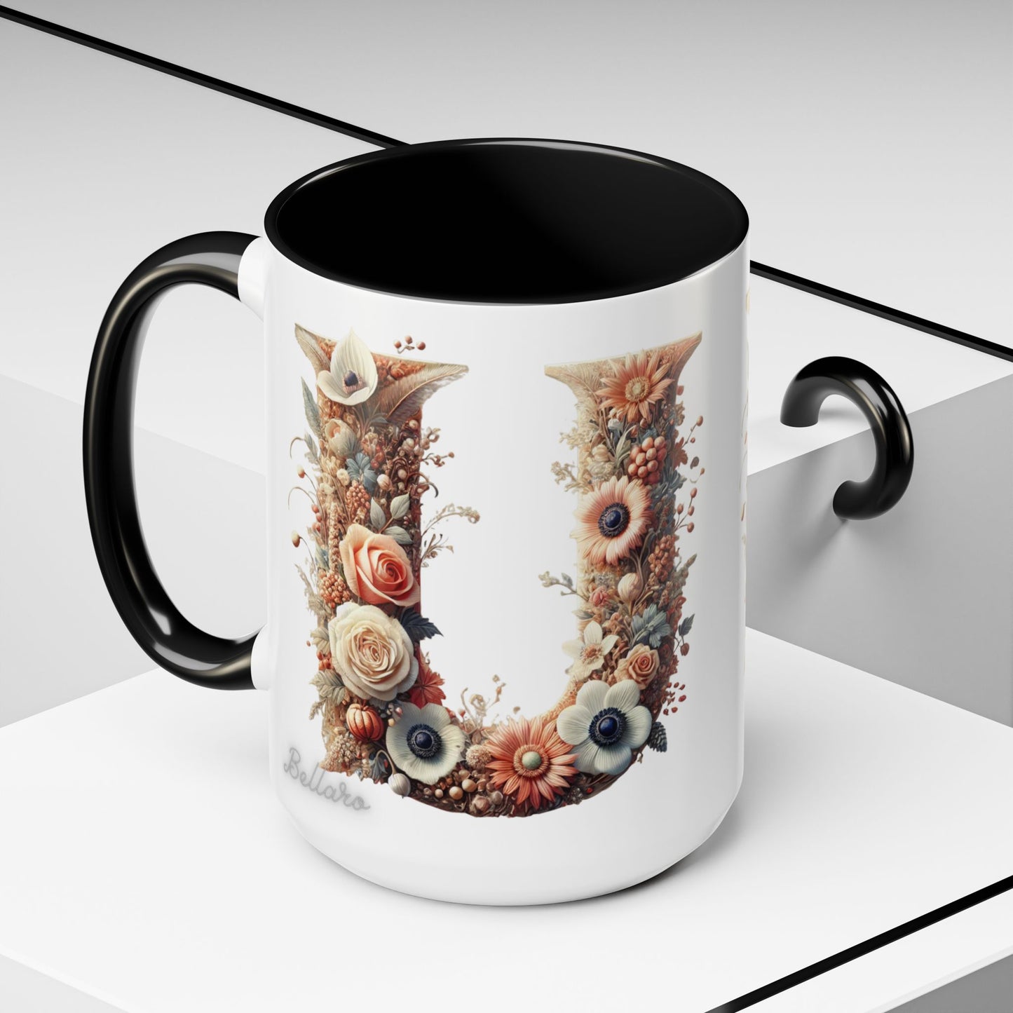 Floral Monogram 'U' Accent Coffee Mug – Floral Letter U Ceramic Mug 15oz