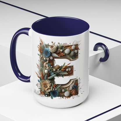 Artistic 'E' Letter Accent Coffee Mug – Botanical Initial Design 15oz