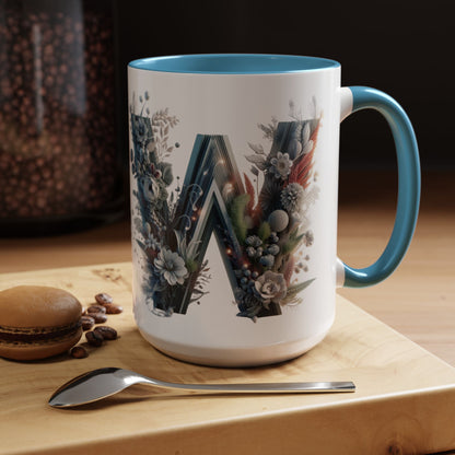 Floral Monogram Letter 'W' Accent Coffee Mug — Decorative Initial Monogram Mug 15oz