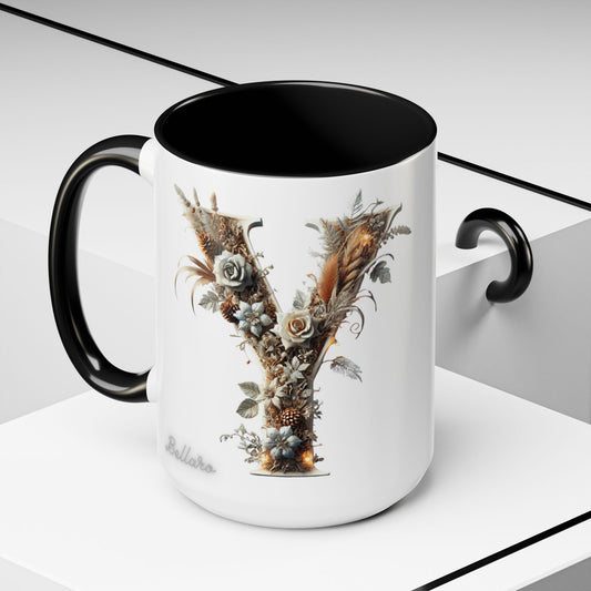 Artistic Monogram 'Y' Accent Coffee Mug — Elegant Botanical Initial Mug 15oz