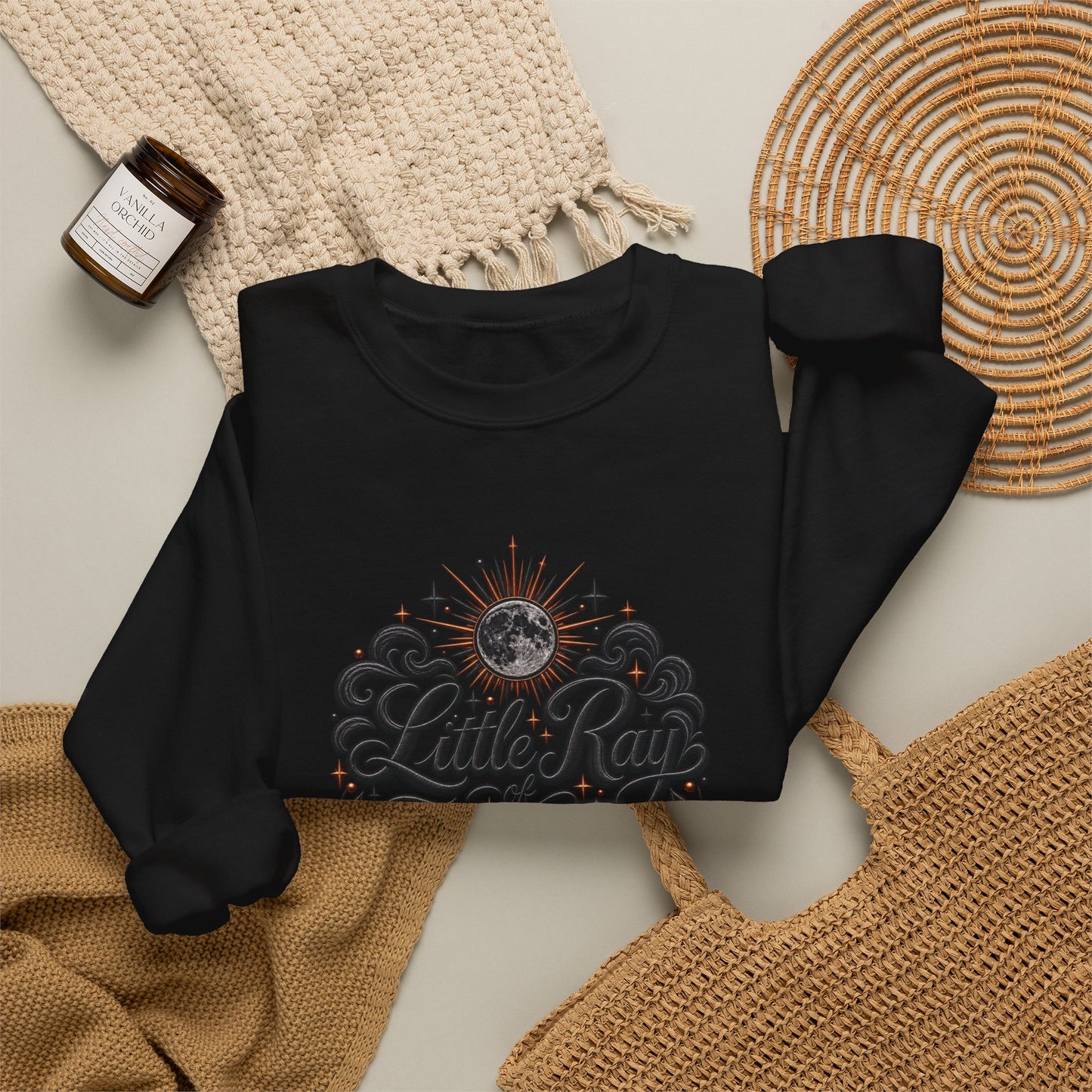 Witchy Crewneck Sweatshirt — "Little Ray, Pitch Black" Mystic Moon Graphic