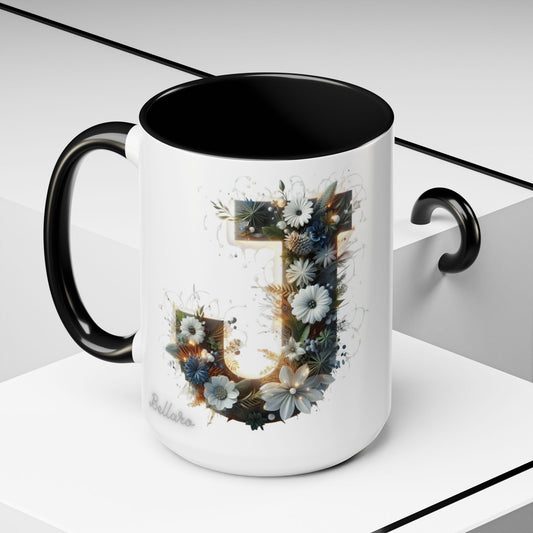 Floral Monogram Coffee Mug — Letter 'J' Accent Mug 15 oz