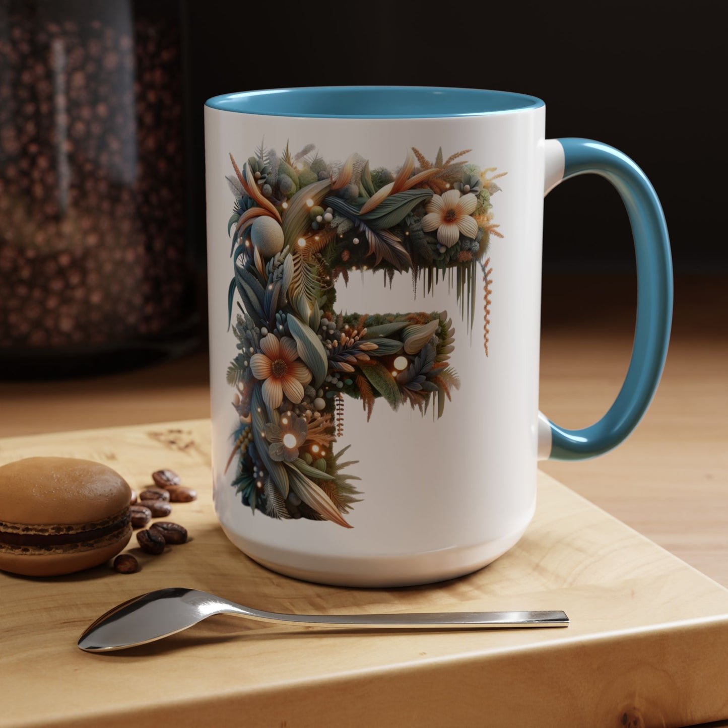 Floral Letter 'F' Accent Coffee Mug — Botanical Monogram 15oz