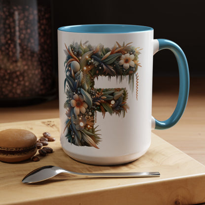 Floral Letter 'F' Accent Coffee Mug — Botanical Monogram 15oz
