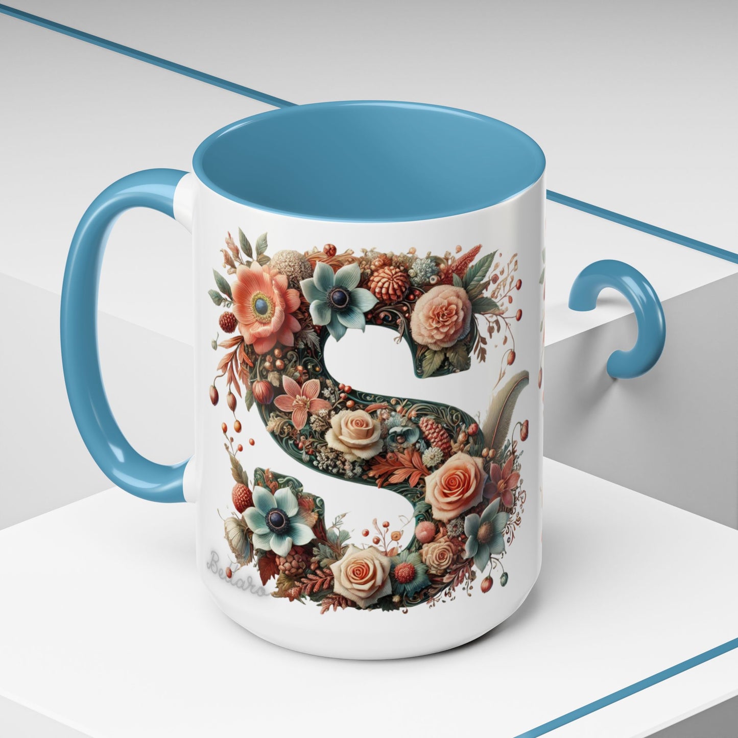 Floral Monogram 'S' Accent Coffee Mug – Vintage Rose Initial Mug 15oz