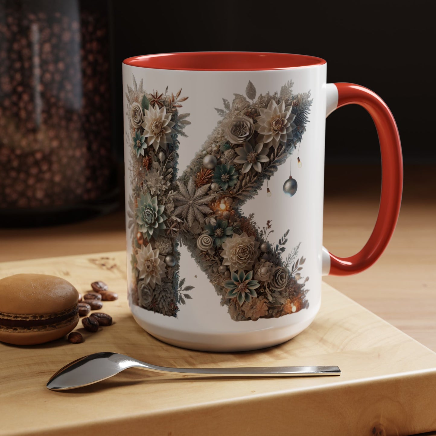 Floral Letter 'K' Accent Coffee Mug — Elegant Botanical Monogram Gift 15oz