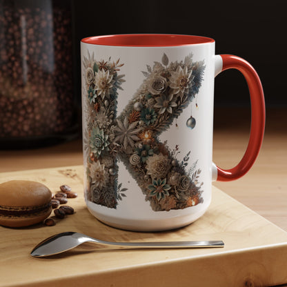 Floral Letter 'K' Accent Coffee Mug — Elegant Botanical Monogram Gift 15oz