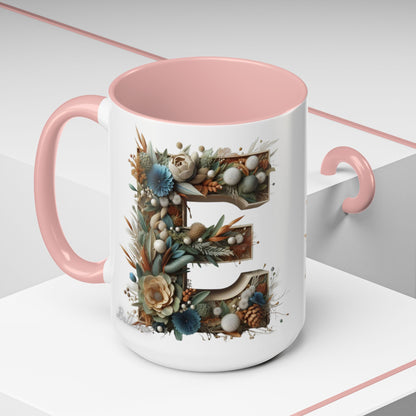 Artistic 'E' Letter Accent Coffee Mug – Botanical Initial Design 15oz