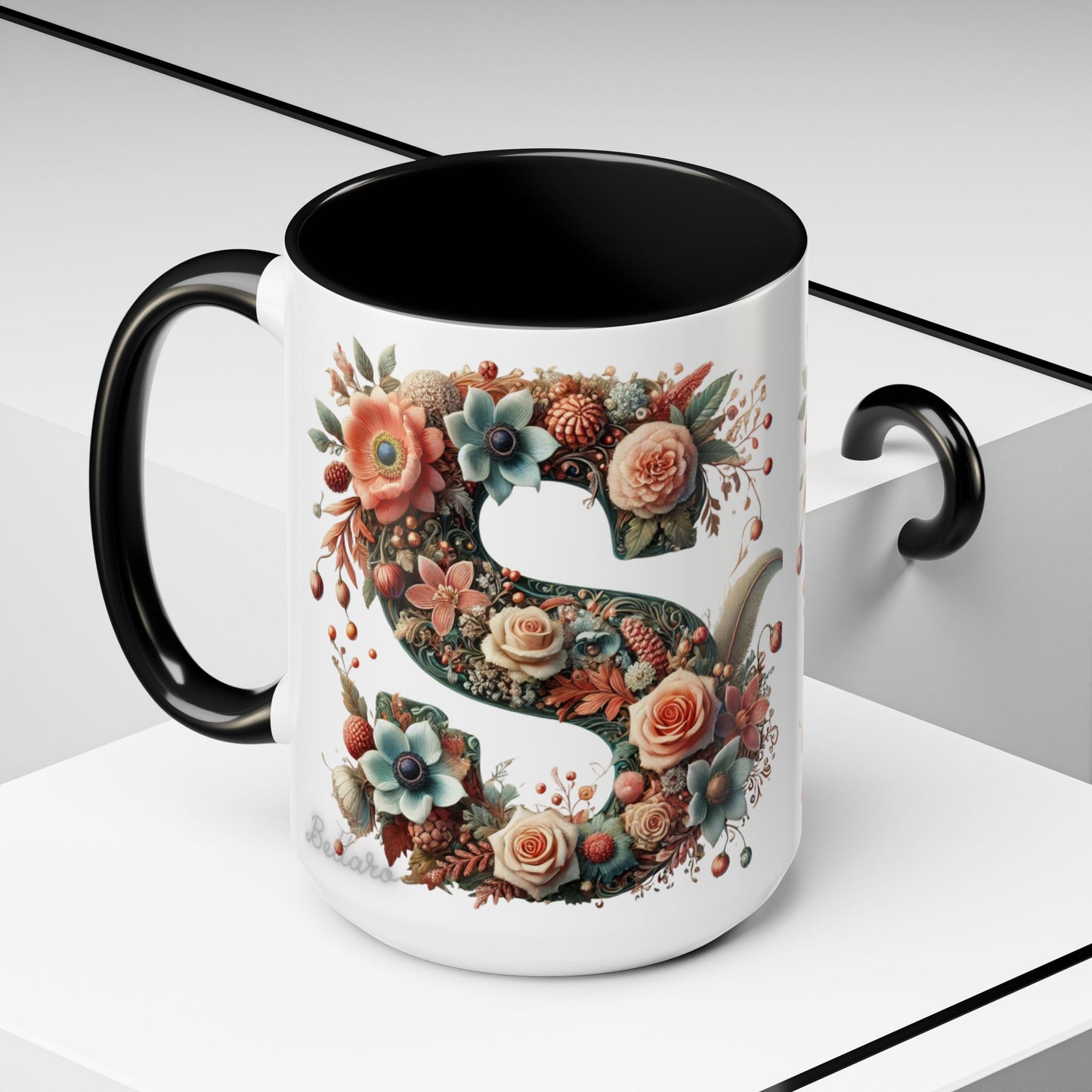 Floral Monogram 'S' Accent Coffee Mug – Vintage Rose Initial Mug 15oz