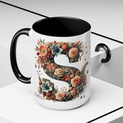 Floral Monogram 'S' Accent Coffee Mug – Vintage Rose Initial Mug 15oz