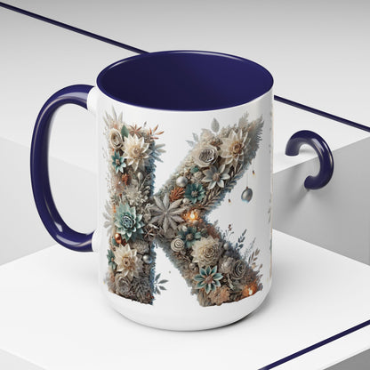 Floral Letter 'K' Accent Coffee Mug — Elegant Botanical Monogram Gift 15oz