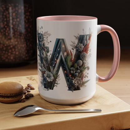Floral Monogram Letter 'W' Accent Coffee Mug — Decorative Initial Monogram Mug 15oz